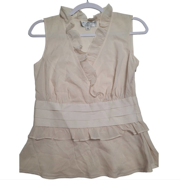 St. John Collection 100% Silk V- Neck Ruffle Sleeveless Blouse - Cream Size 4 - Picture 1 of 7